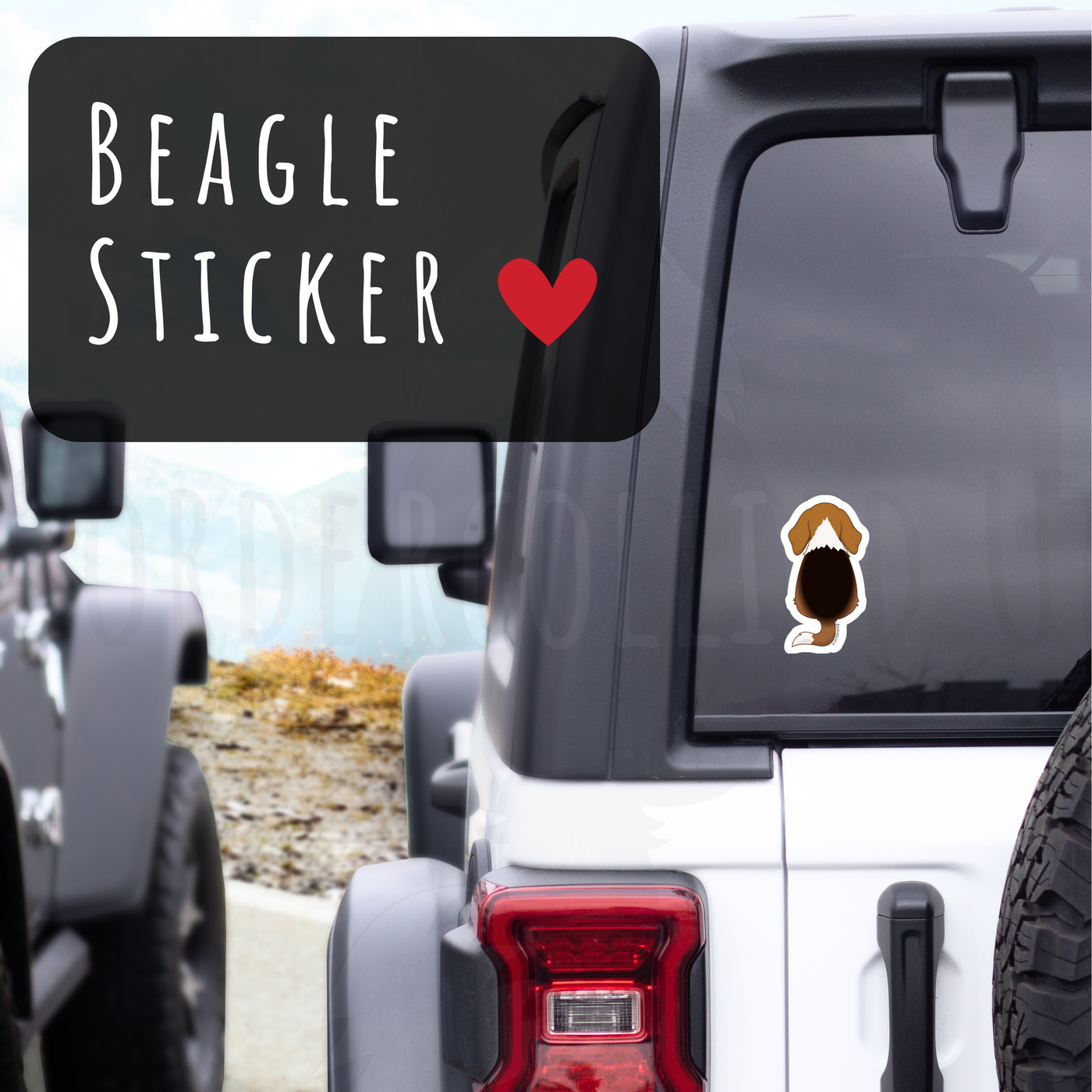 Beagle sticker on a vehicle window with a scenic background