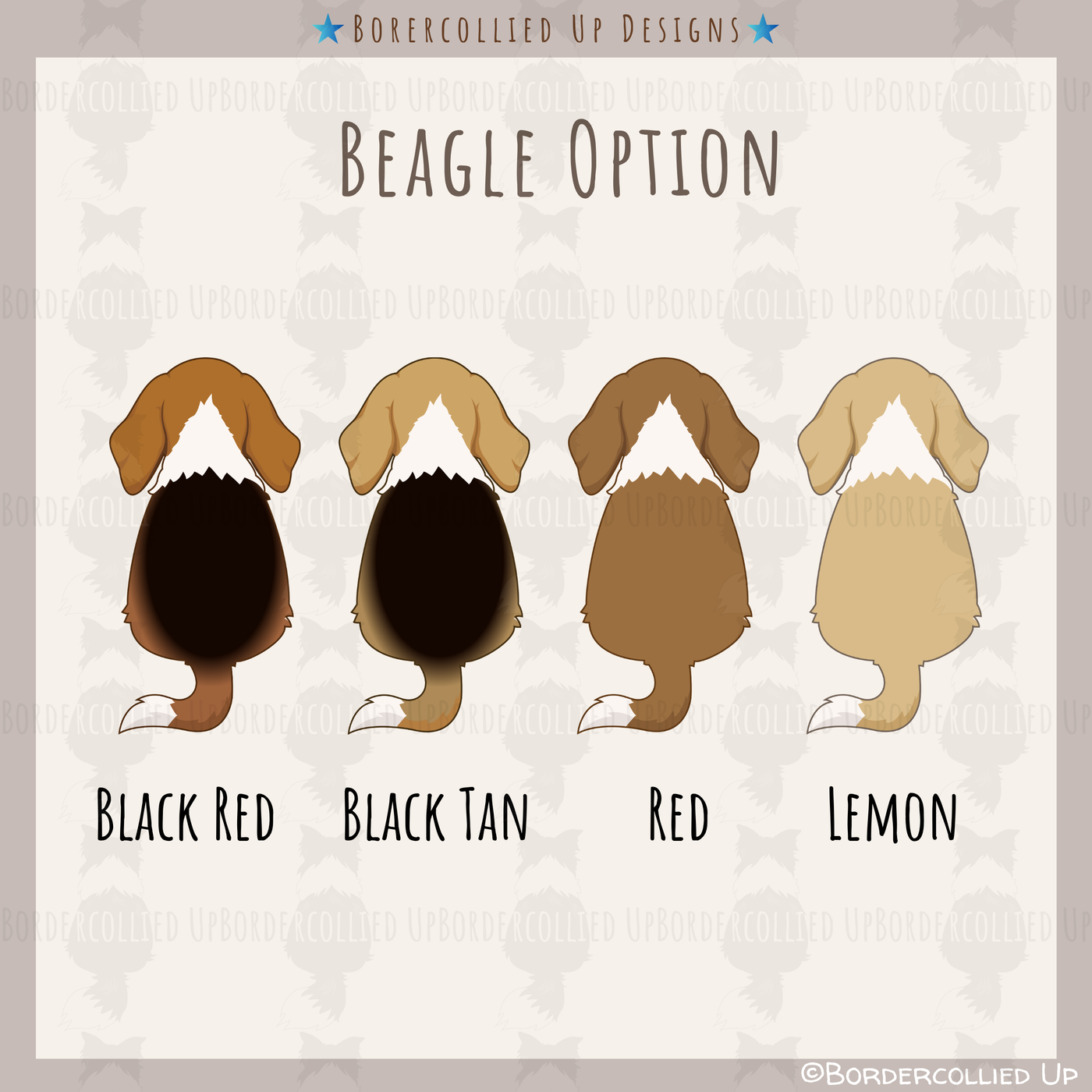 Color options for a beagle with labels 'Black Red', 'Black Tan', 'Red', and 'Lemon' on a patterned background.