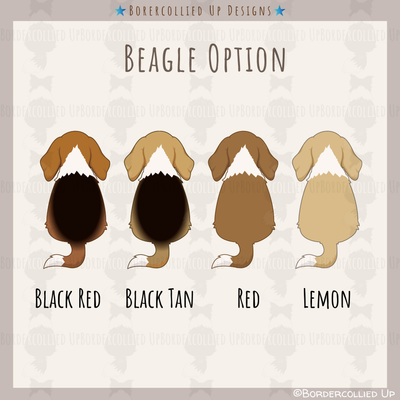 Color options for a beagle with labels 'Black Red', 'Black Tan', 'Red', and 'Lemon' on a patterned background.